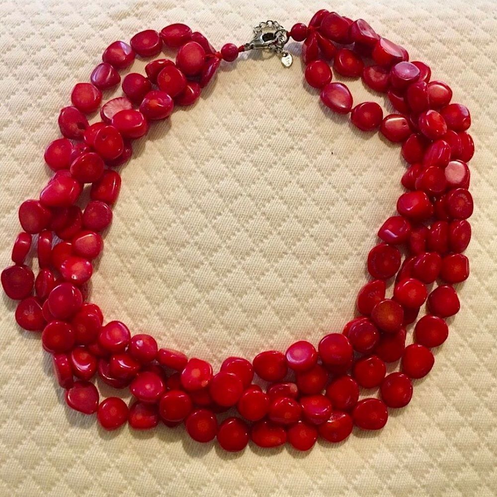 LUC Multi-Strand Red Coral Sterling Silver Necklace with Extension